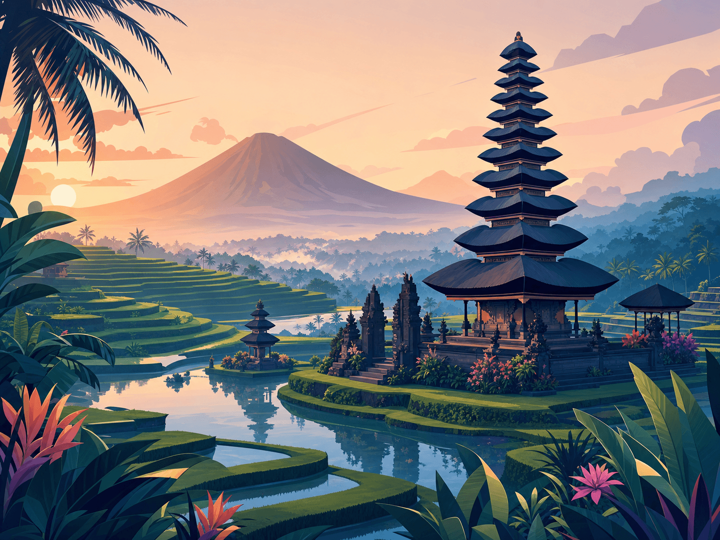 Illustrated Balinese temple and rice terraces