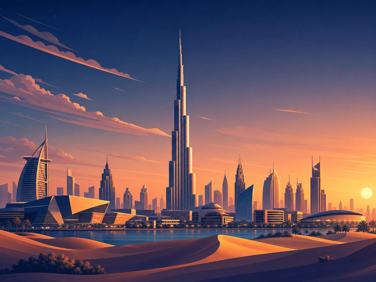 Dubai skyline and desert at sunset